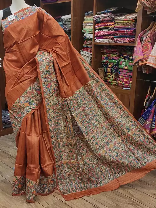 Tassar ghicha madhubani hand print silk saree uploaded by business on 1/3/2023