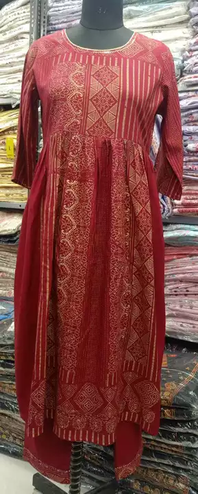 14 kg Rayon nyraa cut with pant
Gold print and side tussle Dori
Sequence work 
 uploaded by business on 1/3/2023
