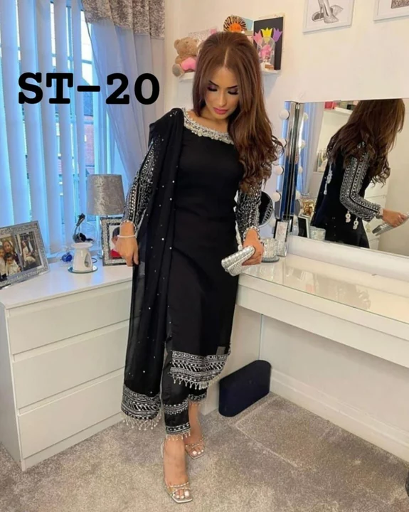 ST

*NEW DESIGNER HEAVY  CHINE SEQUNCE WORK BLACK TOP WITH PENT*

*😍CODE :- ST - 20*😍

👗FABRICS D uploaded by SN creations on 1/4/2023