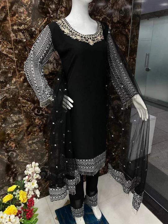 ST

*NEW DESIGNER HEAVY  CHINE SEQUNCE WORK BLACK TOP WITH PENT*

*😍CODE :- ST - 20*😍

👗FABRICS D uploaded by SN creations on 1/4/2023