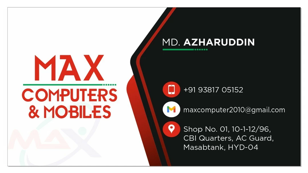 Visiting card store images of Max computers mobiles sales and services