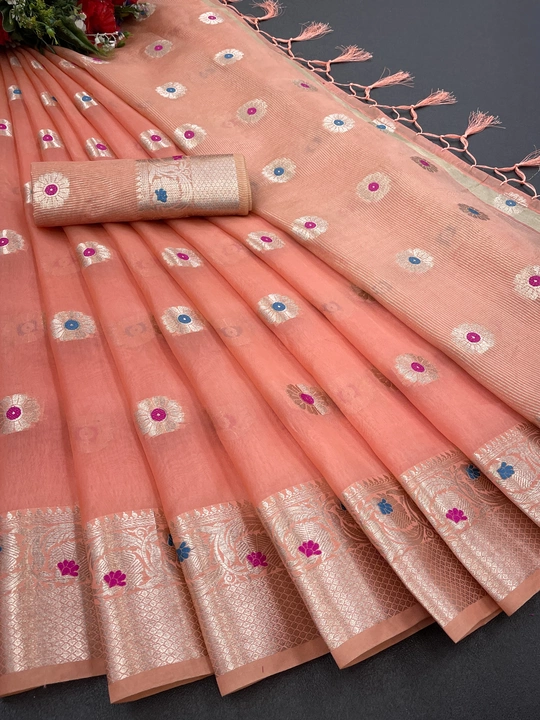 Soft organza banarasi jacquard saree with border woven in jari and attractive pallu uploaded by SHREE GANESH ART on 1/7/2023