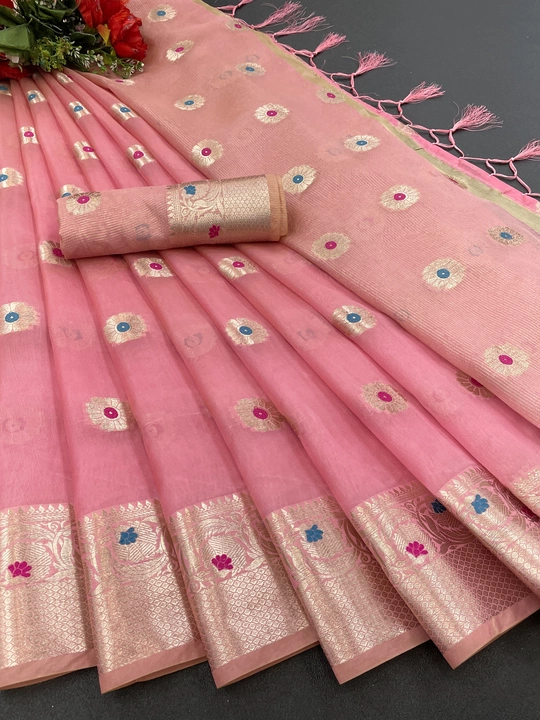 Soft organza banarasi jacquard saree with border woven in jari and attractive pallu uploaded by SHREE GANESH ART on 1/7/2023