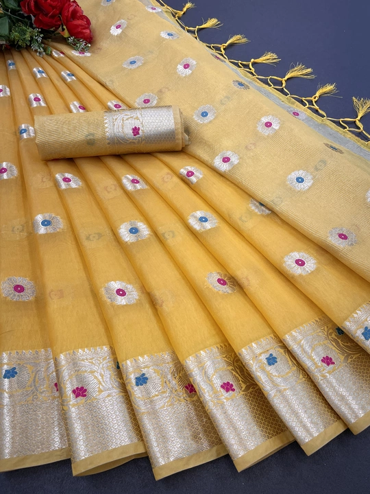 Soft organza banarasi jacquard saree with border woven in jari and attractive pallu uploaded by business on 1/7/2023