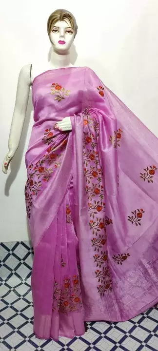 Silk linen embroidery work saree uploaded by business on 1/7/2023
