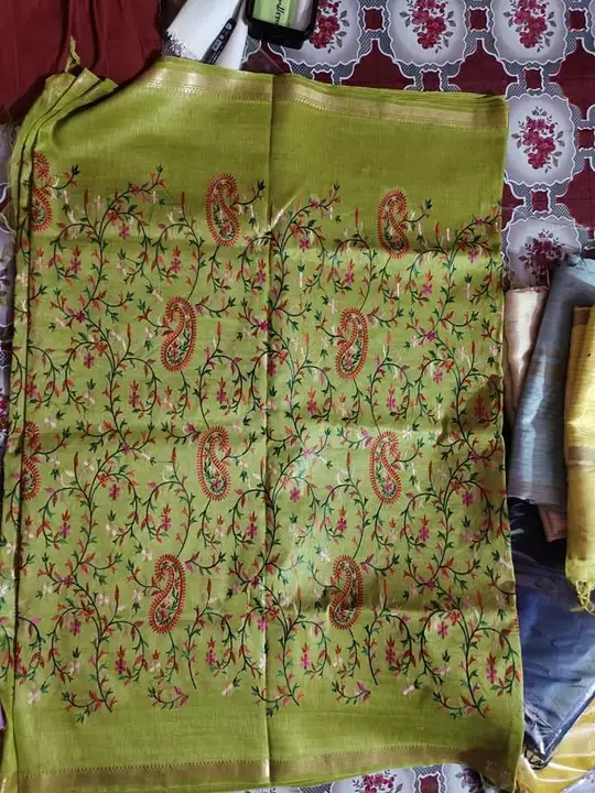 Silk linen embroidery work saree uploaded by business on 1/7/2023