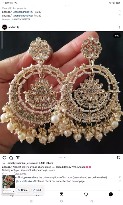 Post image I want 1-10 pieces of Chaandbali  at a total order value of 1000. I am looking for I need this same Chaandbalis
Qty 12 . Please send me price if you have this available.
