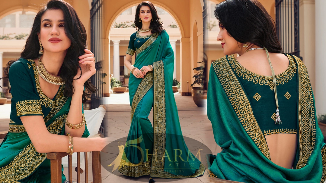 Embroidery big border silk saree with designer blouse uploaded by Dharm creation on 1/8/2023