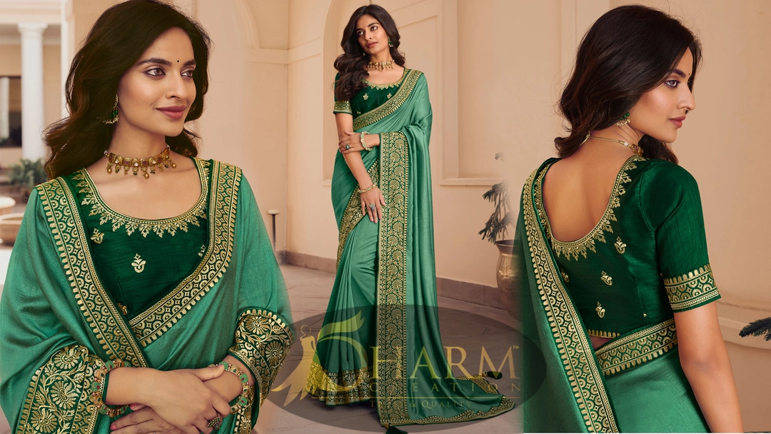 Embroidery big border silk saree with designer blouse uploaded by Dharm creation on 1/8/2023