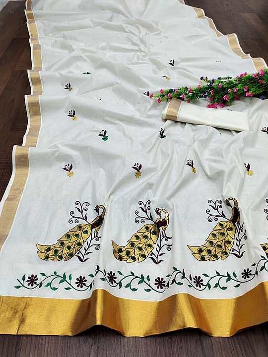 Post image Kerala Cotton Kasavu Saree with Running Blouse .
Five type of embroidery Design