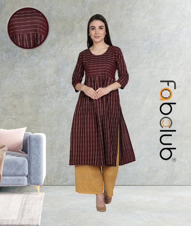 Product image with price: Rs. 699, ID: cotton-woven-design-flared-striped-wine-women-kurti-with-chikan-palazzo-5a5a4b61