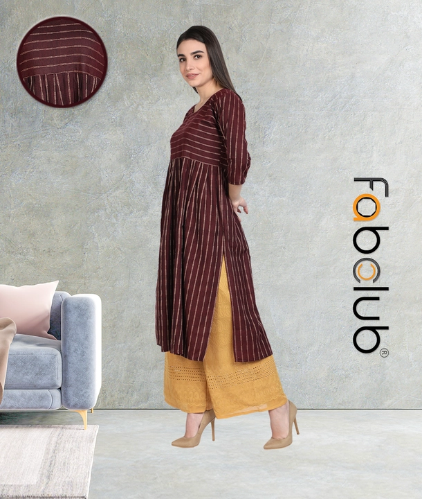 Cotton Woven Design Flared Striped Wine Women Kurti With Chikan Palazzo uploaded by Fab Creation on 1/10/2023