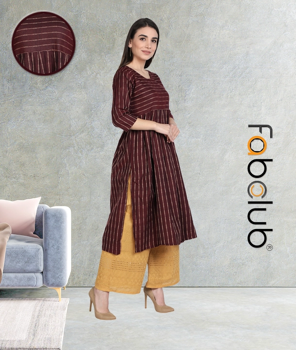Cotton Woven Design Flared Striped Wine Women Kurti With Chikan Palazzo uploaded by Fab Creation on 1/10/2023