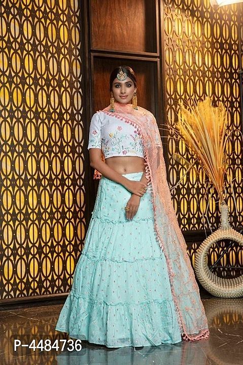 *White & Baby Blue Embroidered Semi-Stitched Lehenga & Unstitched Blouse with Dupatta*

 *Size*: 
Fr uploaded by Home shop  on 2/11/2021