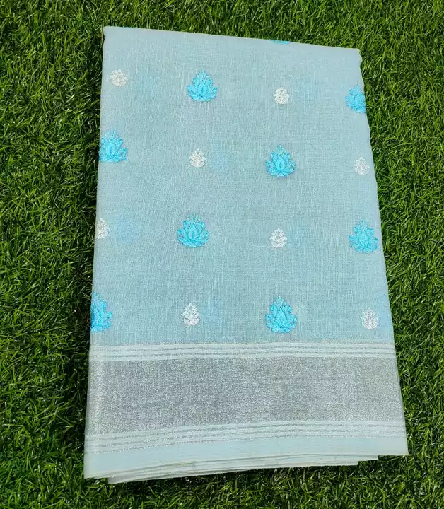 Linen tissue embroidery work saree  uploaded by GA Fabrics on 5/28/2024