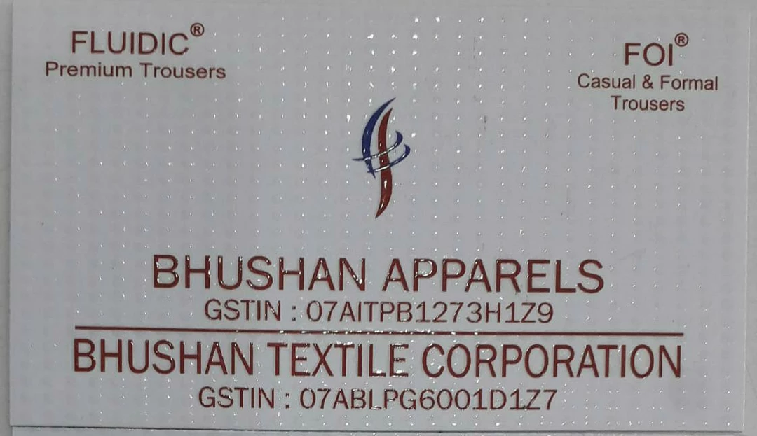 Visiting card store images of Bhushan Apparels