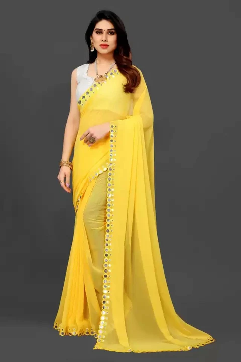 Plastic Foil Mirror Work Yellow saree with Blouse piece  uploaded by Reeva Trends on 1/15/2023