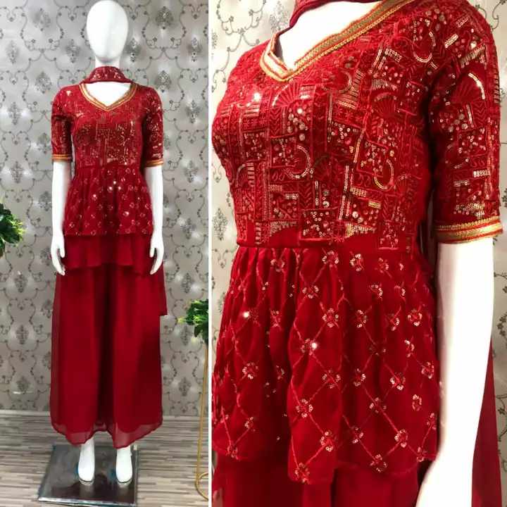 Post image ❤️ *Red Farari Sharara Set*  ❤️

*Top*
Fabric :- Georgette
Inner :- Cotton  
Work :- Heavy Embroidery Thread + Sequence Work+Ready Made Lace
Colour :- Red
Length :- 29"
Sleeve length :- 11”
Size :- M,L,XL,XXL
Flair :- 3.40 Mtr
*Sharara*
Fabric :-  Georgette
Colour :- red
Inner :- Crape 
Length :- 42"
Size :-M,L,XL,xxl 
Flair :-1.12 Mtr
*Dupatta*
Fabric :- Georgette (2.25 Mtr)
Work :- Embroidery Thread + Sequence Work
Weight :- 600 GM