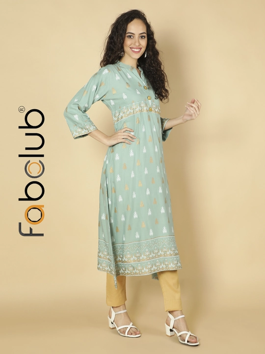 Rayon Gold Foil Printed A-Line Mint Women Kurti With Trouser Pant uploaded by Fab Creation on 1/18/2023