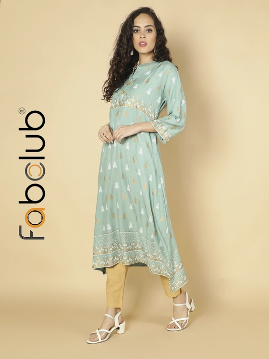 Rayon Gold Foil Printed A-Line Mint Women Kurti With Trouser Pant uploaded by Fab Creation on 1/18/2023