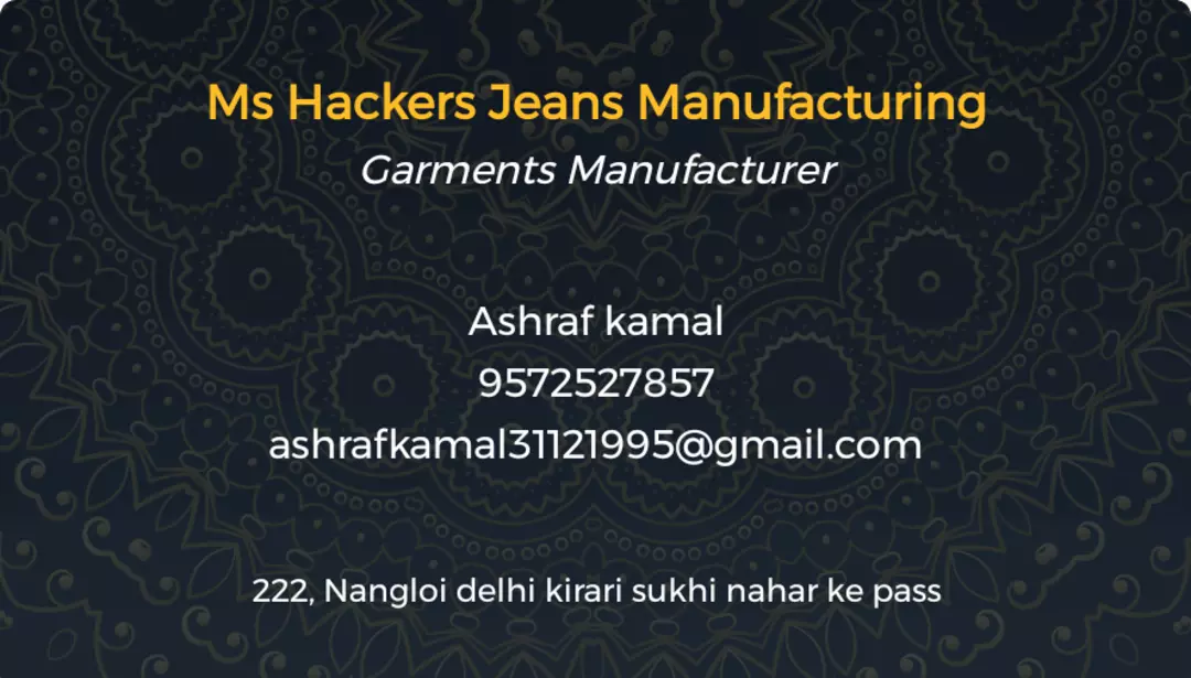 Visiting card store images of Hakers jeans manufacturing
