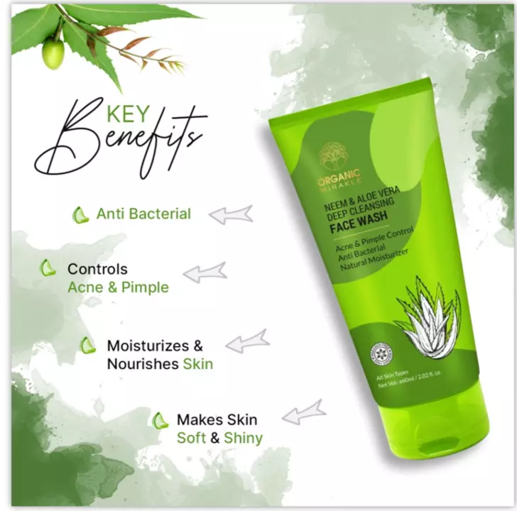 Post image NEEM AND ALOEVERA FACE WASH 60ML

Natural Purifiying Neem &amp; Aloe Vera Face Wash is an antiseptic face wash to ease out acne, give deep pore cleansing and freshness of neem which is an excellent agent and aloevera is ideal against skin ailments and acts as a natural moisture maintainer leaving your skin soft &amp; shiny.

Key Ingredients 

Organic Aloevera Extract, Organic Neem Extract, Organic Tea Tree Oil etc.

How to use

1.Moisten face, apply a small quantity of face wash over the face and neck using light circular  motion.

2.Wash off and pat dry.

3.Use twice daily.