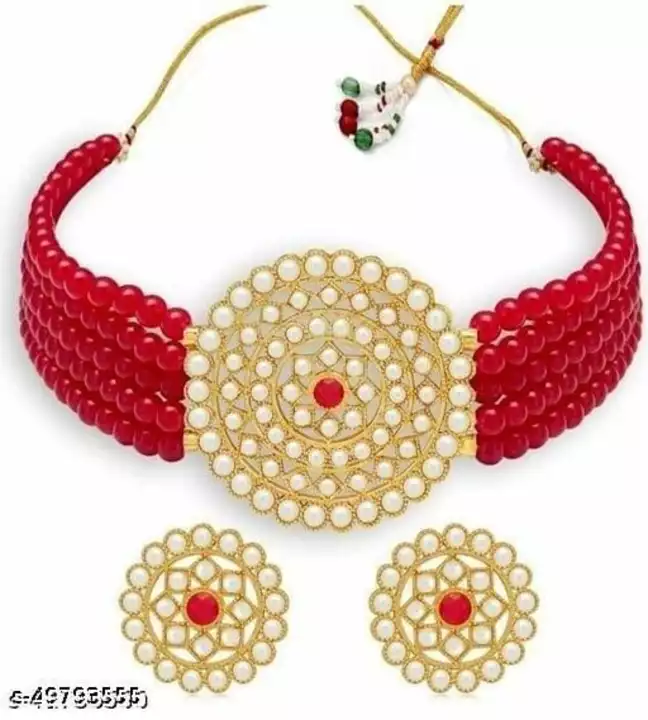 Red round pearl choker necklace set with matching earrings uploaded by business on 1/19/2023