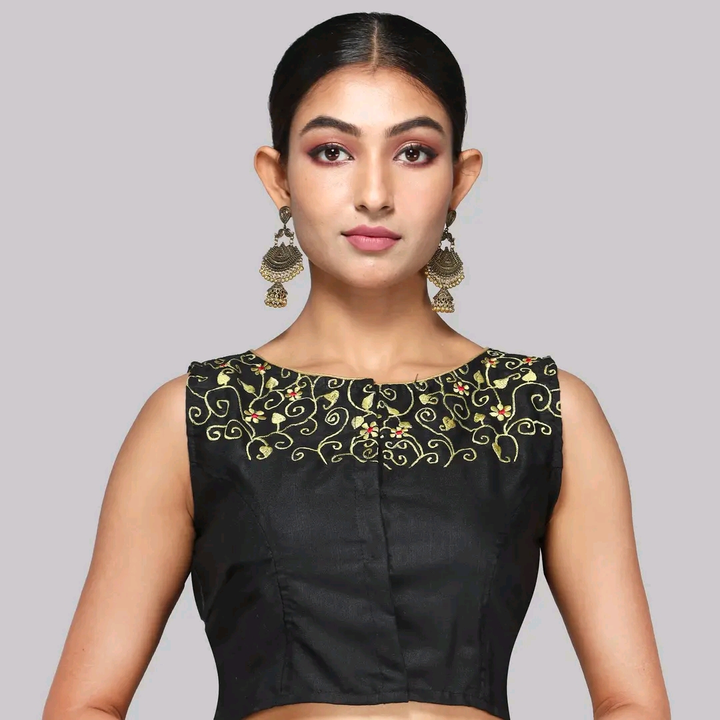 SKU NO-B251-CT-E  cotton boat neck black color embroidered front hook  sleeveless saree blouses for  uploaded by BHROMOR on 1/20/2023