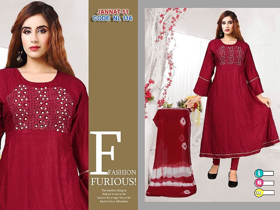 Post image Reayon kurti with embroidery with dupatta 
Stylish kurti for festive occasion