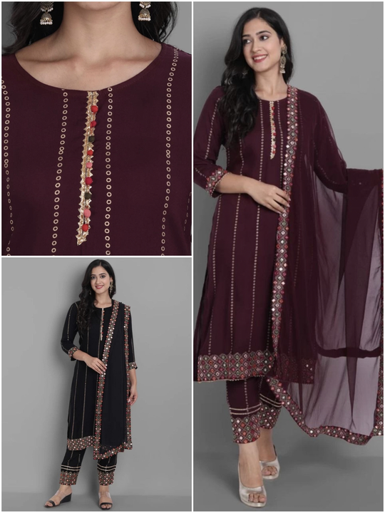 Post image 💖💖💖 *AFW0007* 💖💖💖

👗 *catlogue Name : PUSHPA*

🏳️‍🌈 *Colour : ( PURPLE,BLACK)* 

🧣 *Kurti Fabric :PURE HEAVY 14 KG RAYON FABRIC WITH EMBROIDERY MIRROR WORK  WITH FOIL WORK.*

📏 *SIZE : S -(36), M -(38), L -(40),XL -(42),XXL -(44)*

👖  *PANT FABRIC :- PURE HEAVY 14 KG RAYON FABRIC WITH EMBROIDERY MIRROR WORK  WITH FOIL WORK.*

 🌼 *DESCRIPTION :- PURE HAVY 14 KG RAYON FABRIC WITH CLASSICAL EMBROIDERY MIRROR FOIL WORK*
-
🔥 *Full STOCK available*


💯 *AFW means Quality*

DM For Rate 😍❤️💫