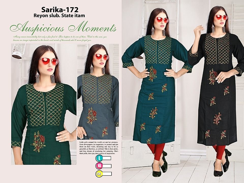 Post image Heavy rayon kurti with embroidery work 
Designer kurti 
Festive wear
L xl size available