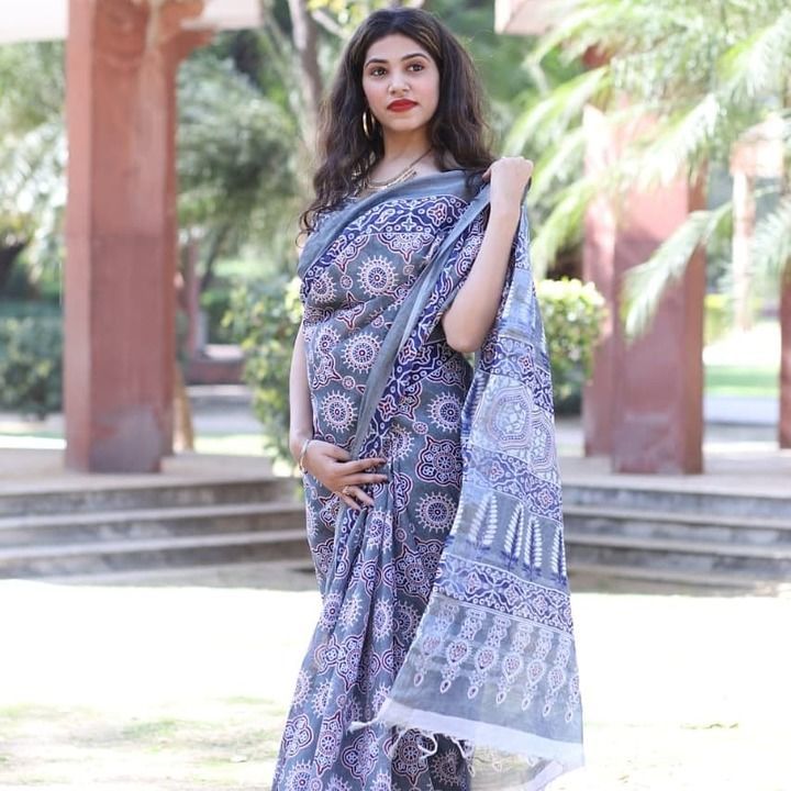 Beautiful handblock printed linen sarees with linen blouse pic uploaded by business on 2/14/2021