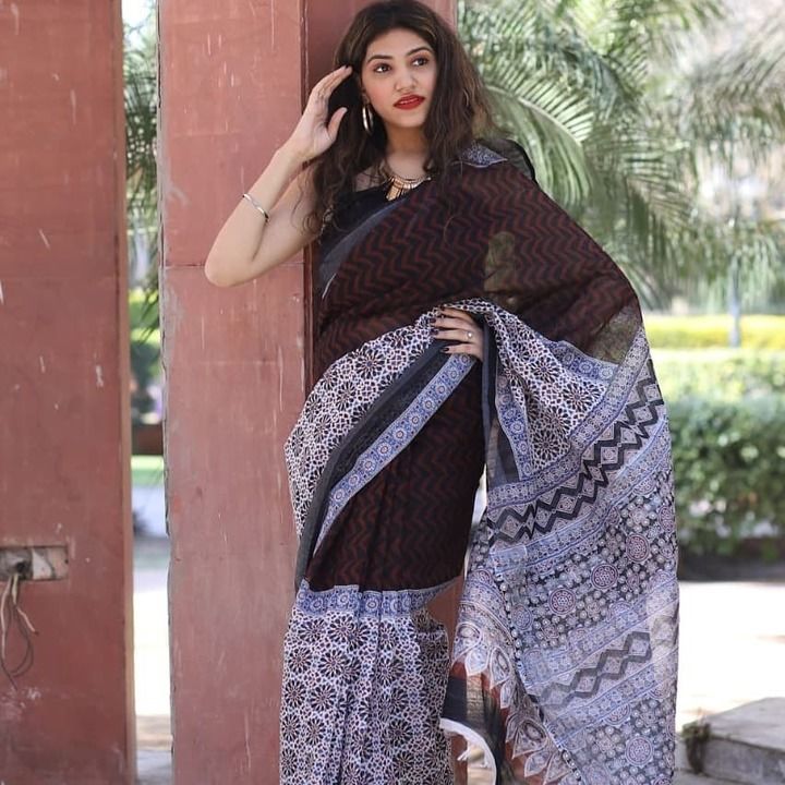 Beautiful handblock printed linen sarees with linen blouse pic uploaded by business on 2/14/2021