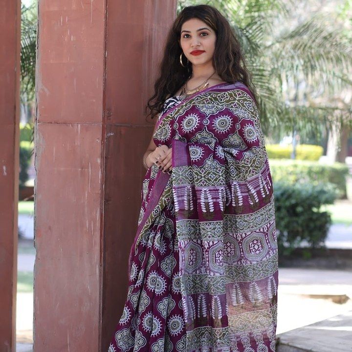 Beautiful handblock printed linen sarees with linen blouse pic uploaded by business on 2/14/2021