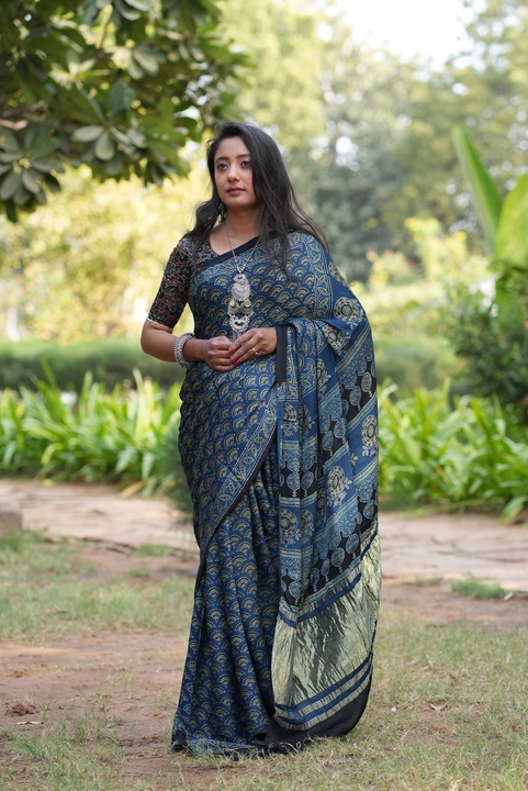 Ajrakh hand block print , T.c.pallu Model silk saree uploaded by Ajrakh clothing on 1/22/2023