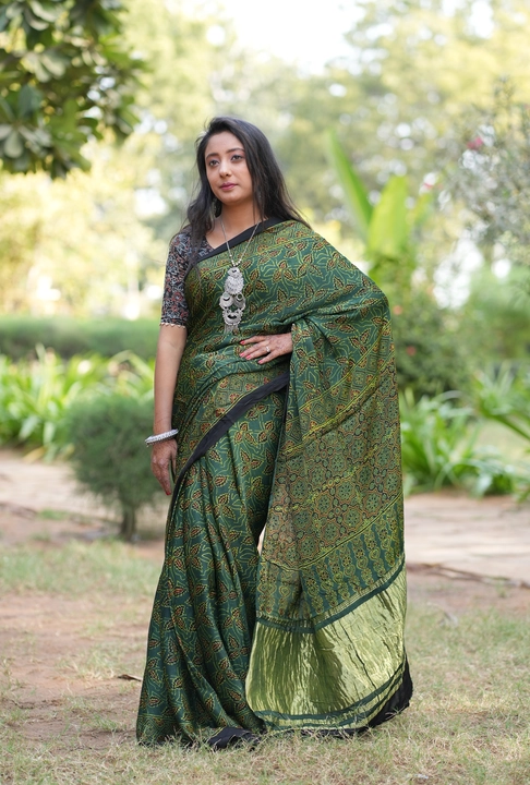 Ajrakh hand block print , T.c.pallu model silk saree uploaded by Ajrakh clothing on 1/22/2023