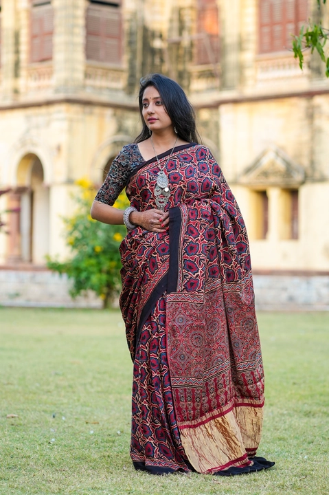 Ajrakh hand block print , T.c.pallu model silk saree uploaded by Ajrakh clothing on 1/22/2023