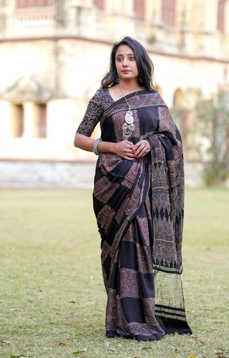 Ajrakh hand block print , T.c.pallu Model silk saree uploaded by Ajrakh clothing on 1/22/2023