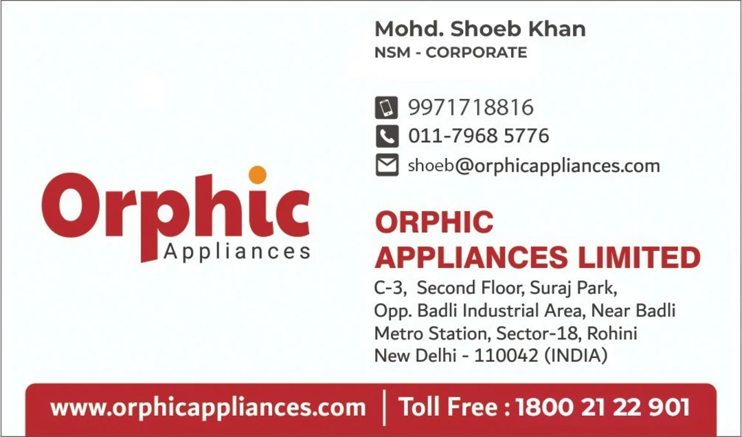 Visiting card store images of Orphic Appliances Limited 