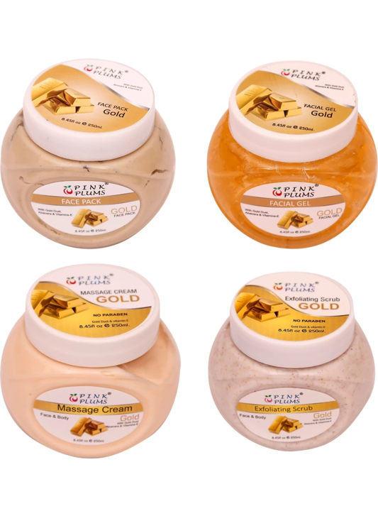 Gold facial kit 250 ml x 4 ( massage cream + scrub + facial gel + face pack ) uploaded by Pink Plums International on 1/26/2023