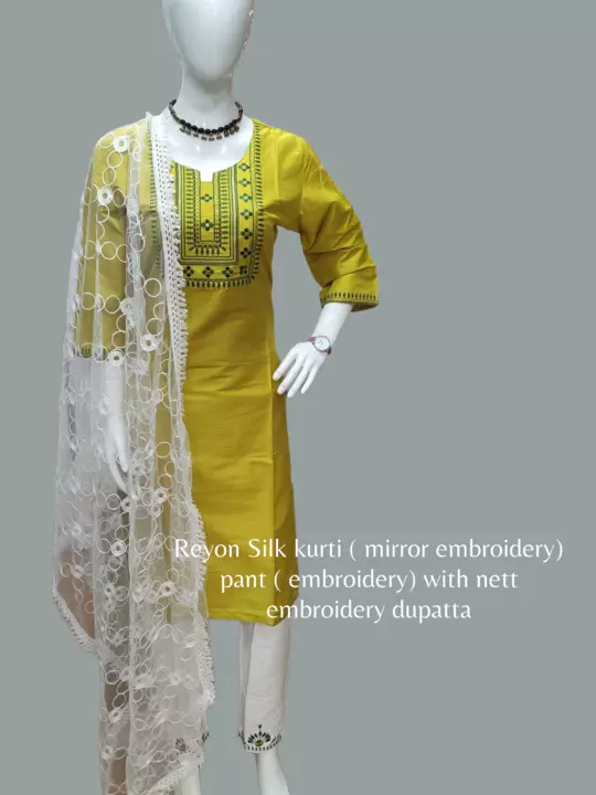 3pc silk with embroidery on kurti & pant with nett embroidery dupatta optional  uploaded by Raj creation on 5/18/2024
