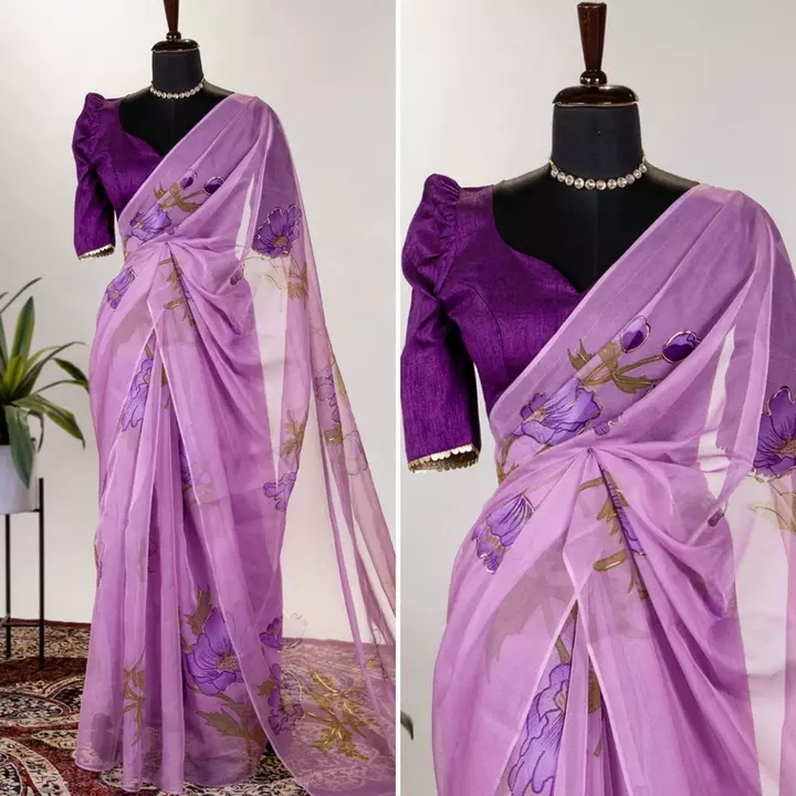 Post image *🌷Saree Collection🌷*

Have this perfect artist of soft organza saree with hand paint foil work to set your straight define for this wedding season.❤️✨

*Saree*
Saree fabric : Organza
Saree work : : Floral and Foil Print
Saree length  : 5.5 meter 

*Blouse(Unstitch)*
Blouse Fabric : Heavy Banglory
Blouse work : Plain 
Blouse Length : 1 Meter

*Package Contain* : Saree, blouse, Lace

*Rate : 999
