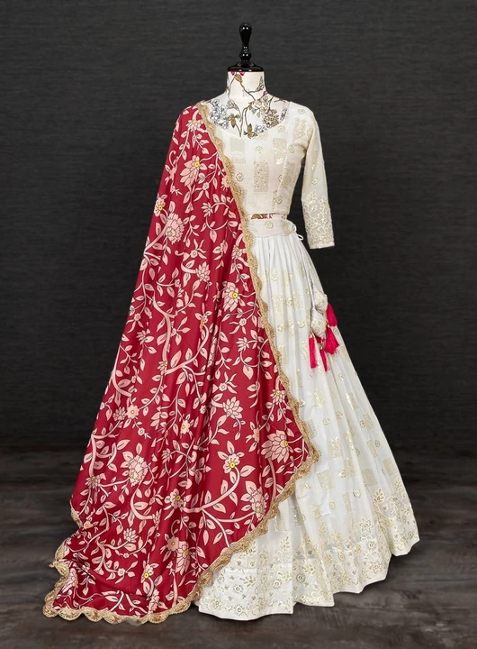 Post image *🌷Lehenga choli🌷*

Spread the aura of freshness with this prominent white color lehenga choli in georgette material embellished with Sequins and thread embroidery work.

*LNB1217RED*

*Lehenga(Stitched)*
Lehenga Fabric : Georgette 
Lehenga Work : Sequins and Thread Embroidery Work
Waist : Supported up to 42 
Stitching : Stitched With canvas 
Lehenga closer : Drawstring With *Heavy Hand Made Tassels*
Length : 41
Flair : 3.4 Meter 

*Dupatta*
Dupatta Fabric : Muslin Silk
Dupatta Work : Digital Print with Lace Border 
Dupatta Length : 2.5 Meter

*Blouse(Unstitched)*
Blouse Fabric : Georgette 
Blouse Work : Thread And Sequins Embroidery Work 
Blouse Length : *1 Meter*

*Package Contain* : Lehenga, Blouse, Dupatta, Drawstring, Tassels

Weight : 1.100 kg

*Price : 1750*

#georgettelehenga #white #sequins #lehengacholi #muslin #reddupatta #fashion #whitelehenga #sequinslehenga
