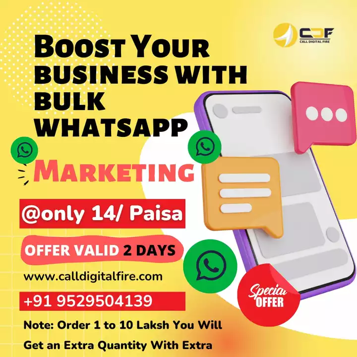 Post image Call or whatsapp if required: +91 9529504139
Reply if required, boost your business with customized camping. Bulk whatsapp marketing is one of the marketing growth hack methods. It's a cloud base solution, text, image, pdf, video, audio, call 2 action buttons, promotion ad text and advance reporting. Reply...