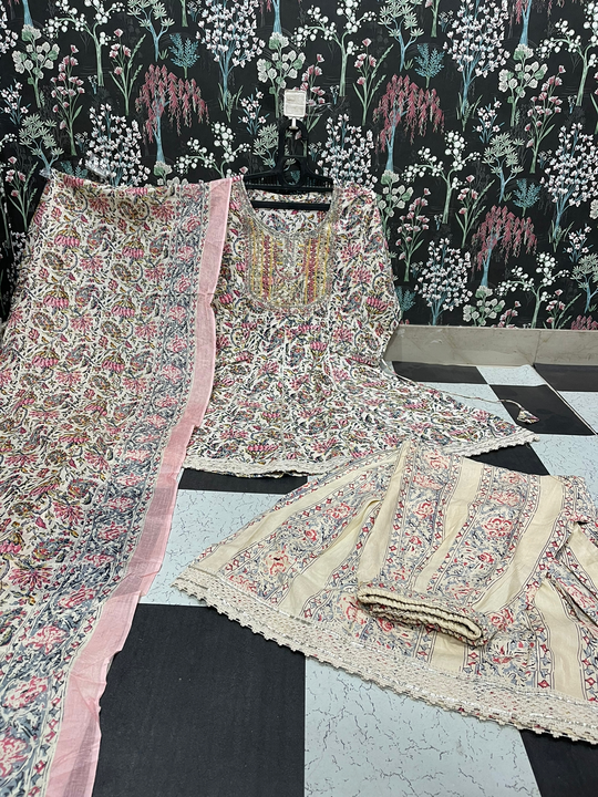 Kurti with Sharara and Dupatta Beautiful Printing and Lace work  uploaded by Shree Dayal and Company on 1/28/2023