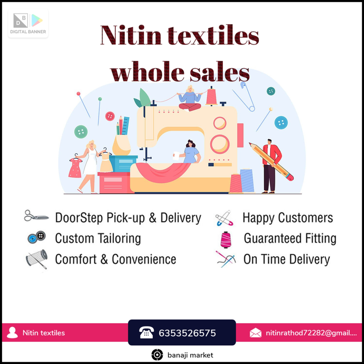 Post image I want 11-50 pieces of Tailore &amp; boutique &amp; fabric &amp;tixtiles at a total order value of 5000. I am looking for Nitin textiles 
Whole sales in tailore &amp; boutique &amp;fabric &amp;tixtiles. Please send me price if you have this available.