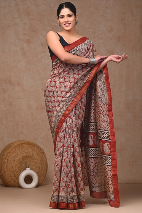 Hand block printed Maheshwari silk saree with blouse  uploaded by business on 1/29/2023