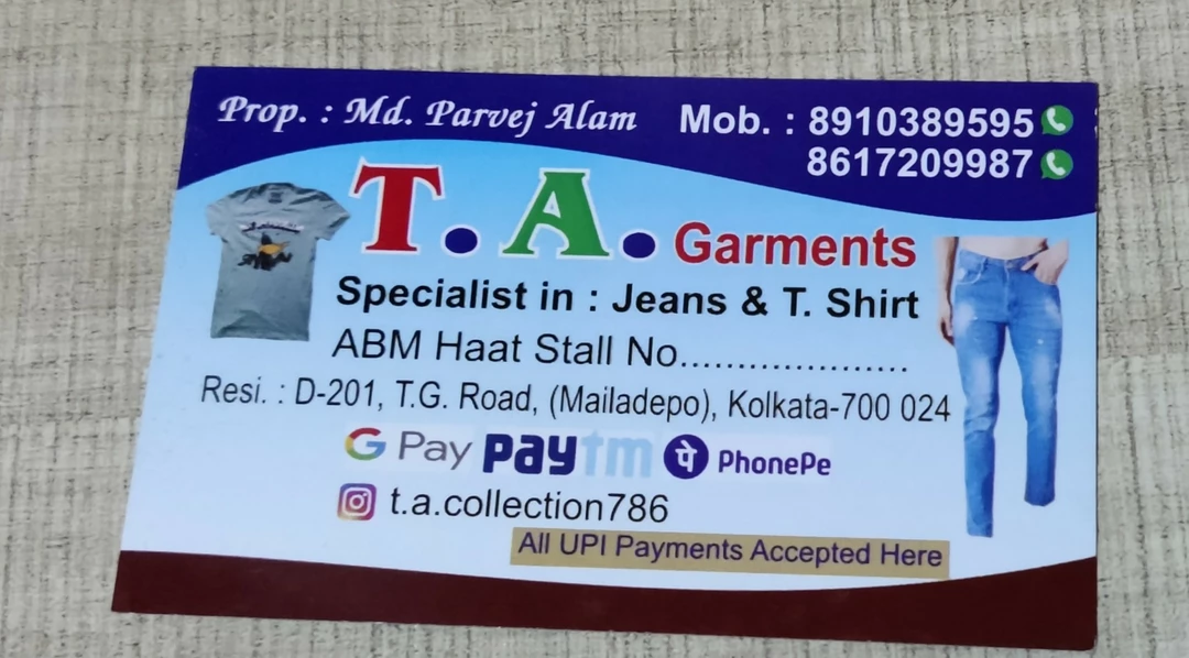 Visiting card store images of T.A. Garments