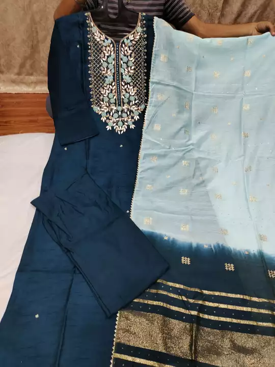 Pure Dolla Silk Kurti with heavy Zardosi Handwork with Matching Silk Pant and Dupatta  uploaded by Ruchika Synthetics on 1/30/2023