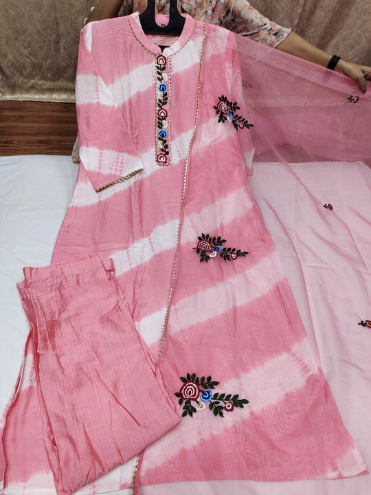 Musleen Silk Lahariya Pattern Dye Kurti with Embroidery Matching Silk Pant and Dupatta@Amazing Rate uploaded by Ruchika Synthetics on 1/30/2023